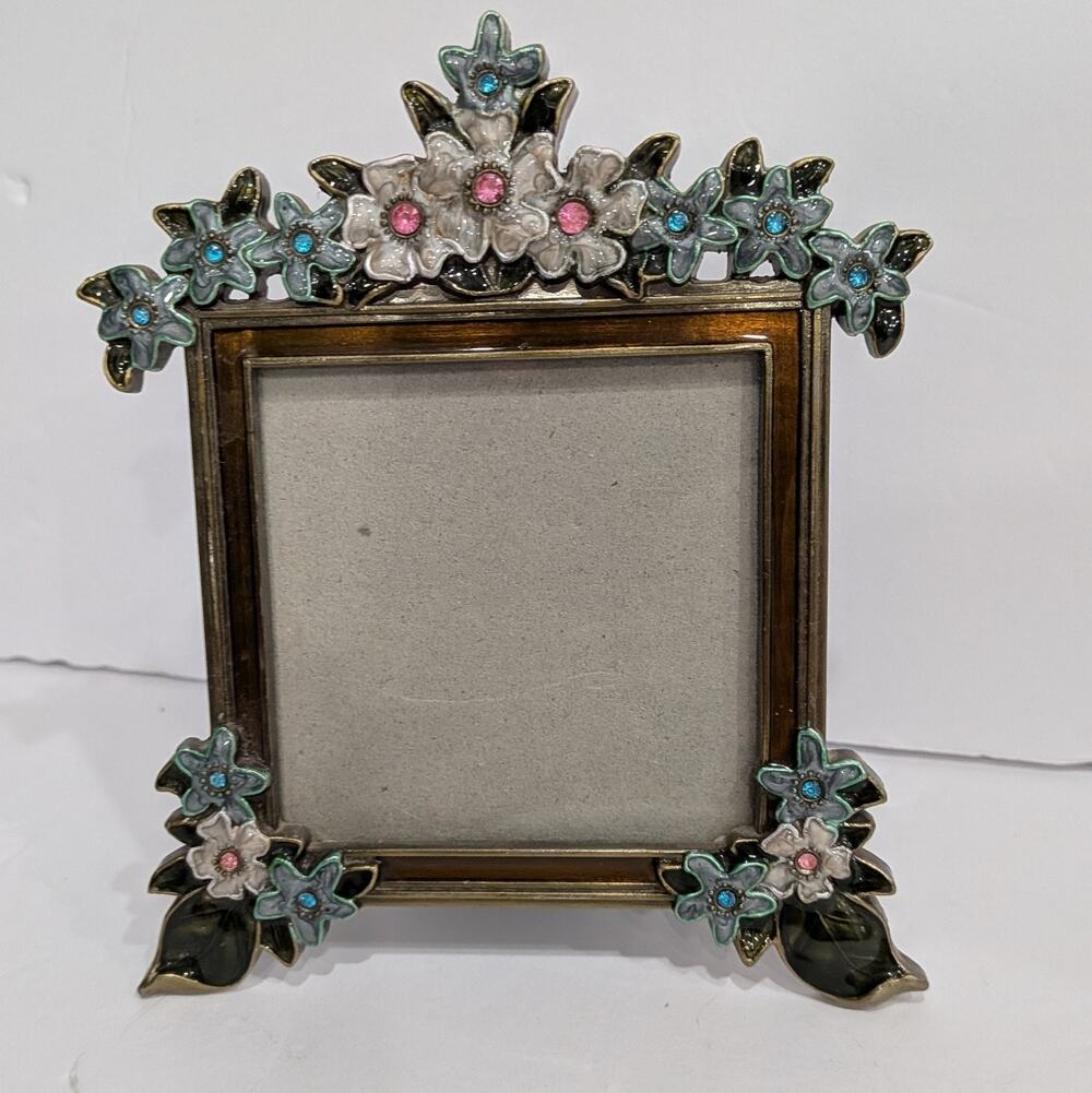Enameled Floral Metal Photo Frame Art Nouvea Victorian Revival Mini 2.5x2.5